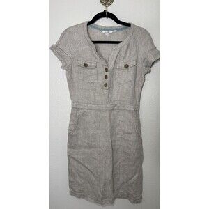 Boden Linen Herringbone Utility Beige Dress Short Sleeve Button Pockets Size 4R